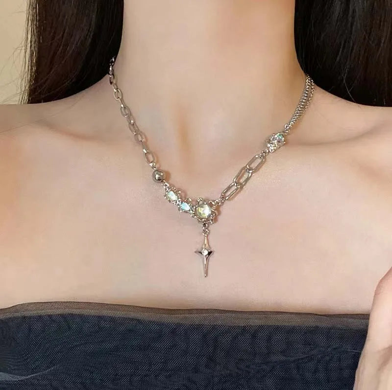 Cross Crystal Tassel Necklace